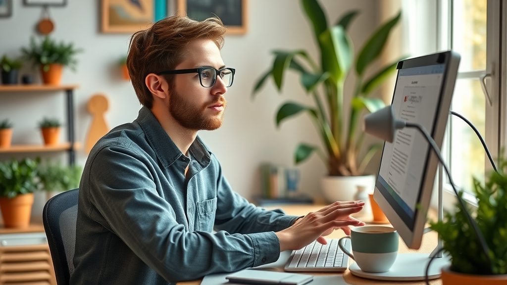 Content creator optimizing blog post for SEO techniques and user experience at home office