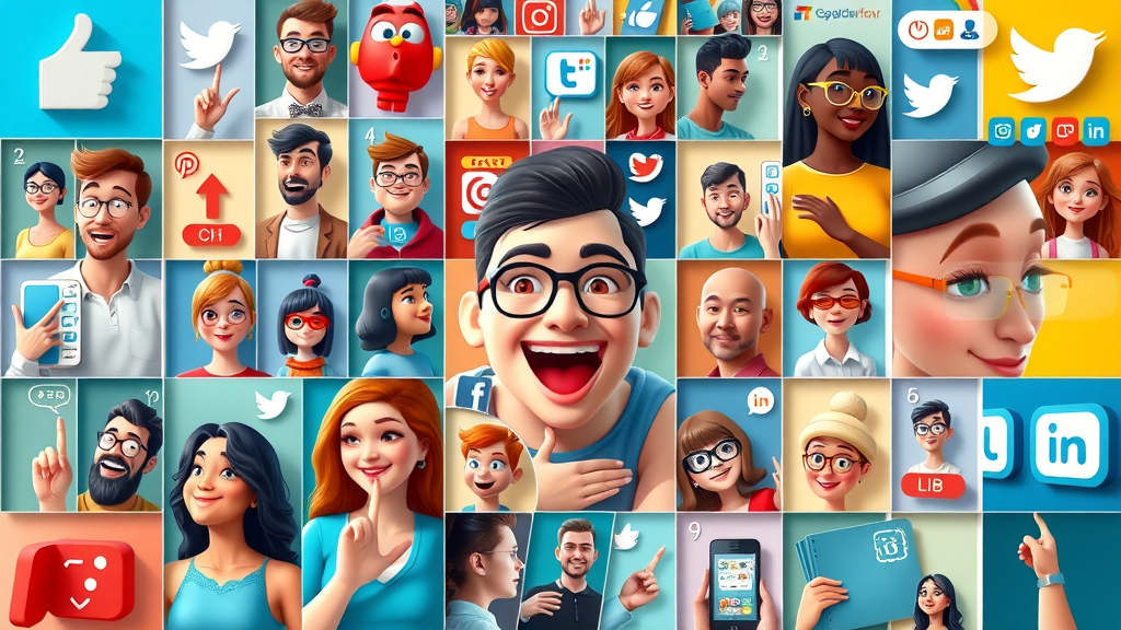 Social media strategy mosaic including influencers, ads, content, and communities