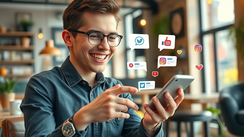 young marketer using smartphone to interact with audience on social media for brand recognition