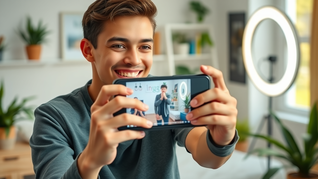 Trendy content creator recording a short form video on a smartphone, dynamic instagram post, engaging media content, social media platform