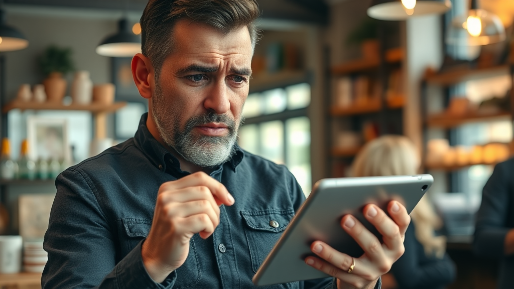 Worried small business owner reacting to negative online reviews about their online reputation management, concerned, cozy café background, tablet in hand