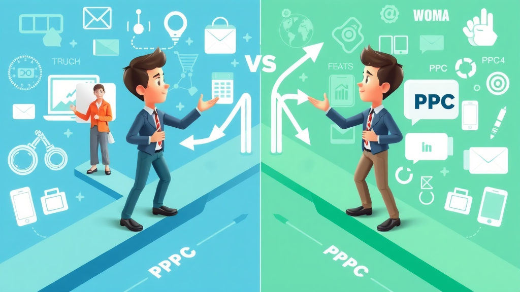 Side-by-side infographic comparison of pay-per-click vs. PPC advertising with digital devices and trend arrows.