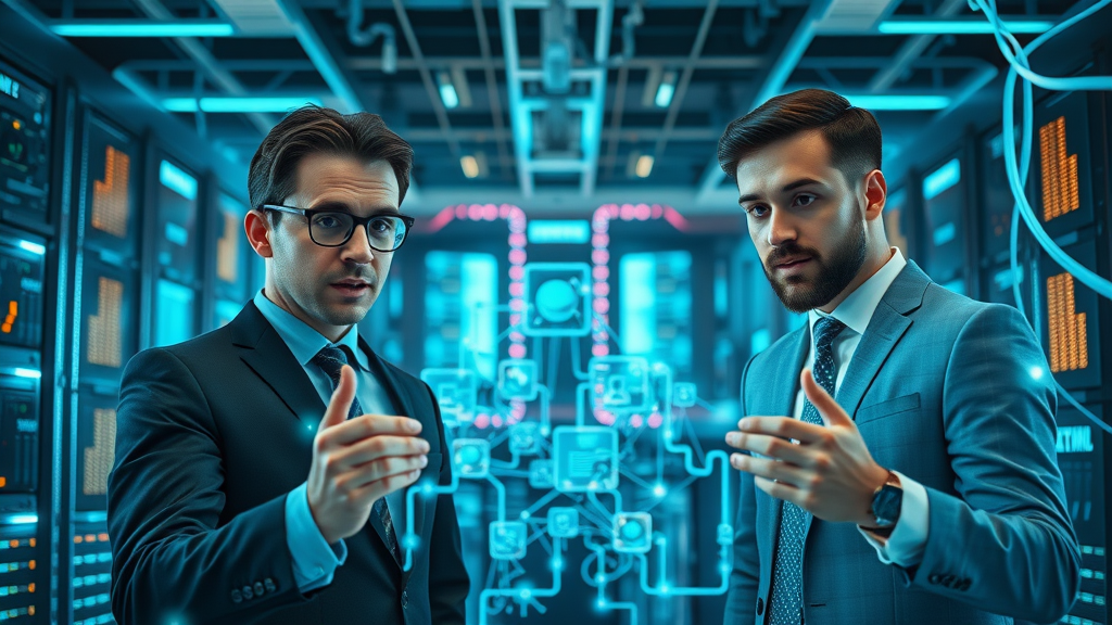 Corporate IT team mapping out a web of disconnected digital systems in a futuristic environment