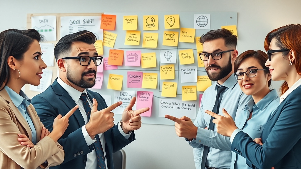 Business professionals brainstorming solutions to lead scoring challenges with vibrant icons