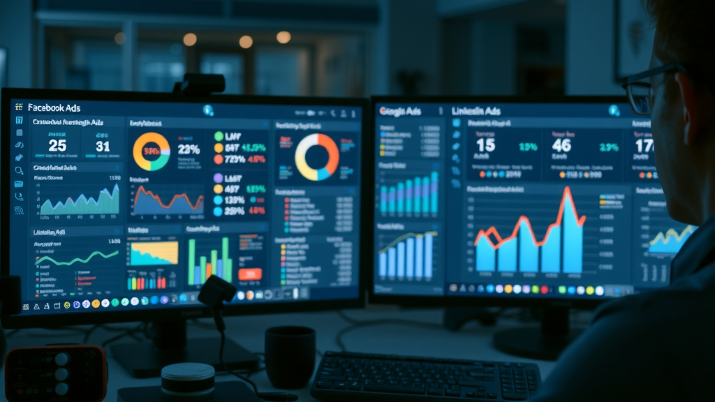digital comparison of Facebook Ads, Google Ads, and LinkedIn Ads ad targeting dashboards