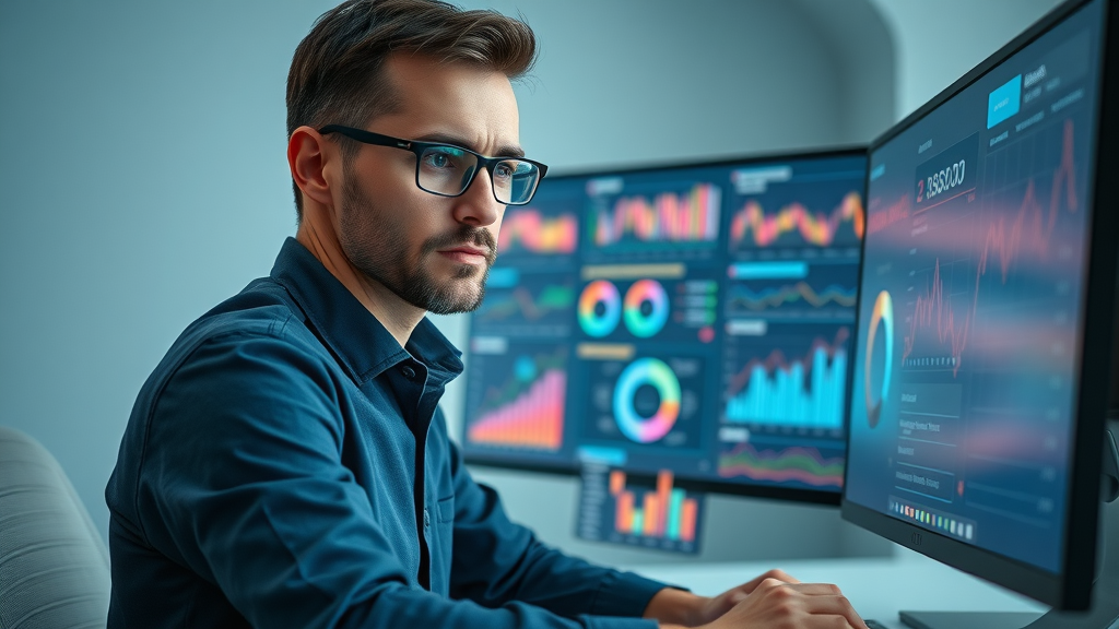 intelligent data analyst examining social media analytics dashboard metrics