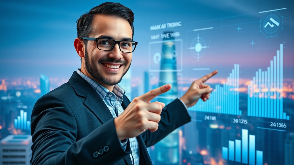 Visionary marketing futurist presenting the future trends of AI marketing tools and the growing AI market with interactive charts and city skyline background