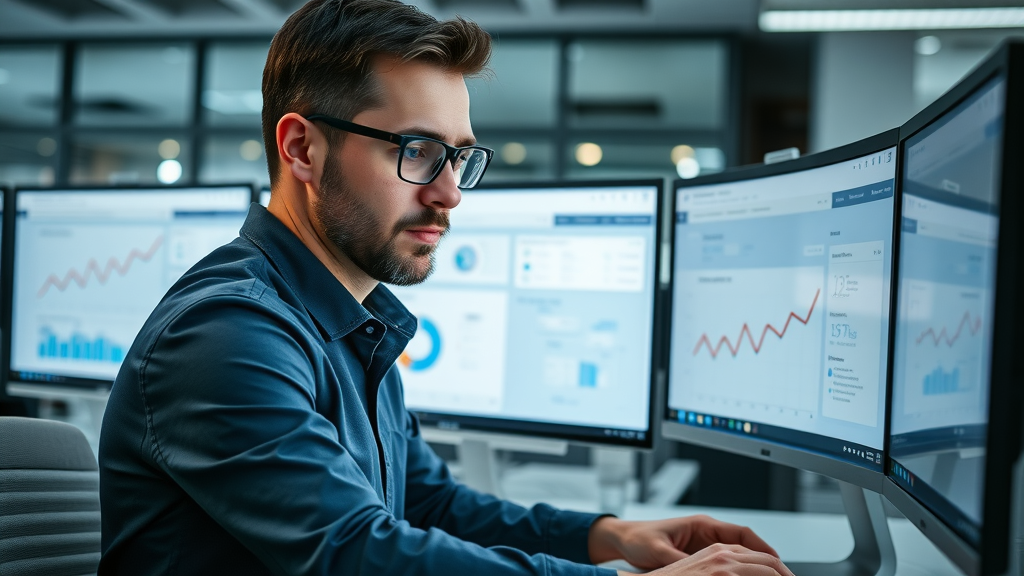 tech-savvy analyst setting up Google Analytics dashboard with engagement metrics in modern office workspace