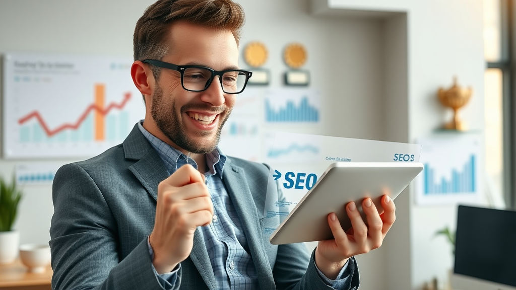 successful business owner celebrating local seo ranking growth tablet results
