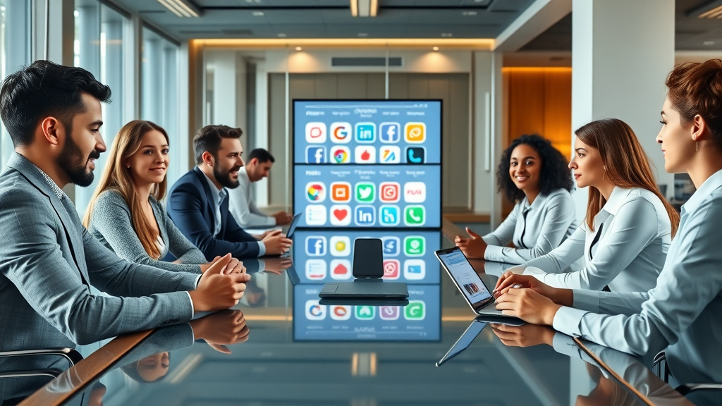 Diverse professionals at a conference table representing digital channels (laptop for organic, phone for social), discussing strategy in a modern office with screens showing channel icons, 85mm prime lens. Faces, limbs, hands, and fingers positioned naturally. No text.