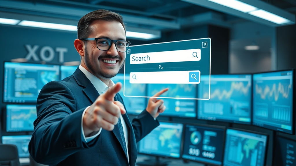 Business professional introducing web search bar concept in search engine marketing