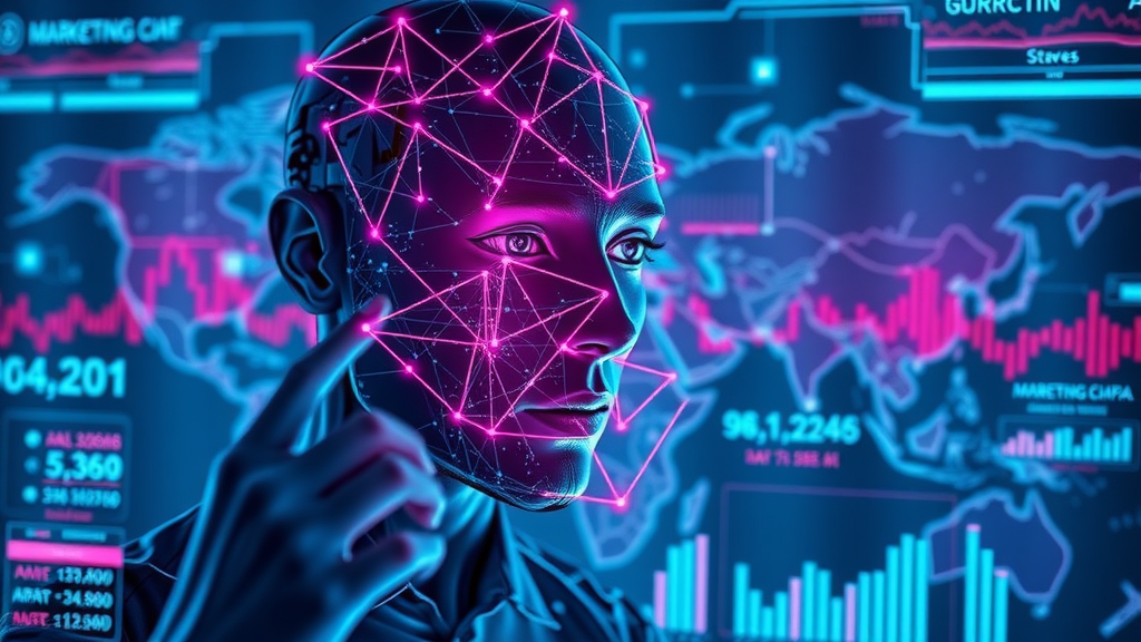 Cutting-edge AI algorithms visualizing neural networks for global marketing data and trends in the AI market, showcasing digital infographics and analytics using an AI marketing tool