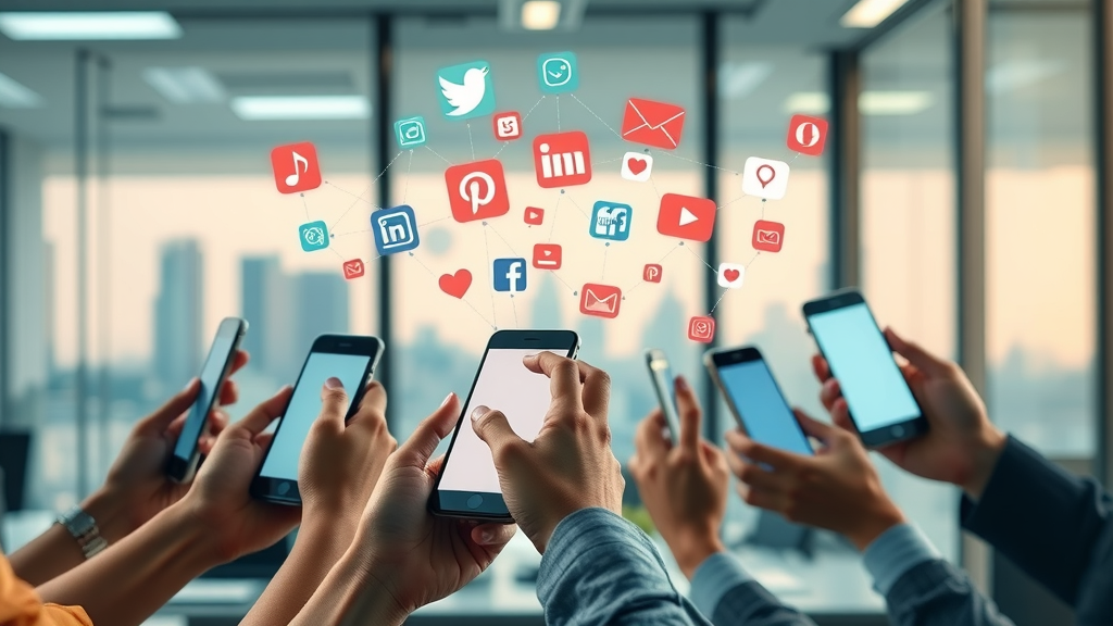 Modern social media icons floating above diverse hands holding smartphones, showcasing social media platform diversity