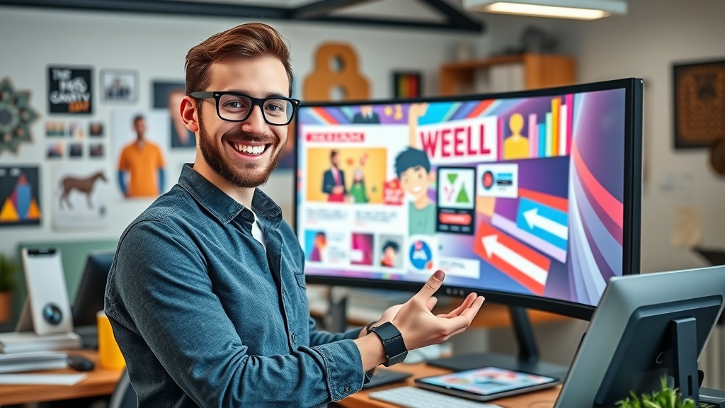 Striking digital advertisement mockup with a graphic designer presenting colorful retargeting ad layouts on a large monitor, featuring dynamic ad visual elements and vibrant hues