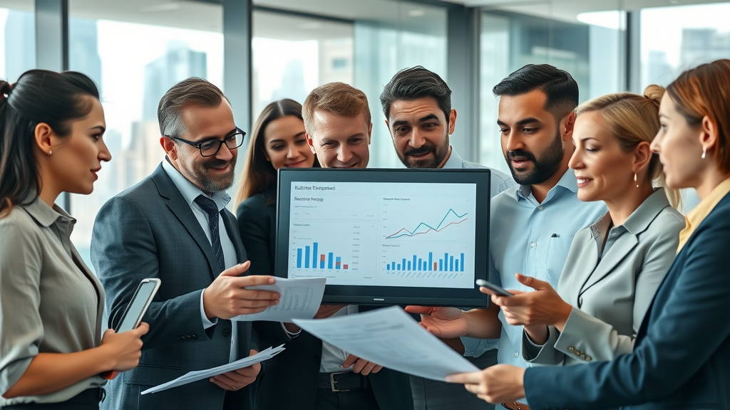lead nurturing group of business professionals engaging with digital analytics in a modern office