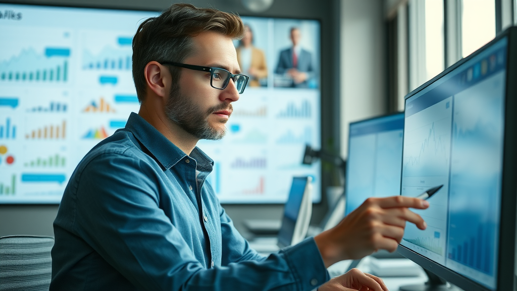 inspired marketing strategist analyzing social media engagement metrics graphs and trends in modern workspace
