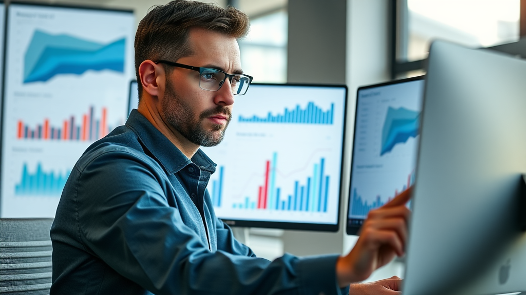 retargeting platforms marketing dashboard with campaign metrics, focused marketer, dynamic office