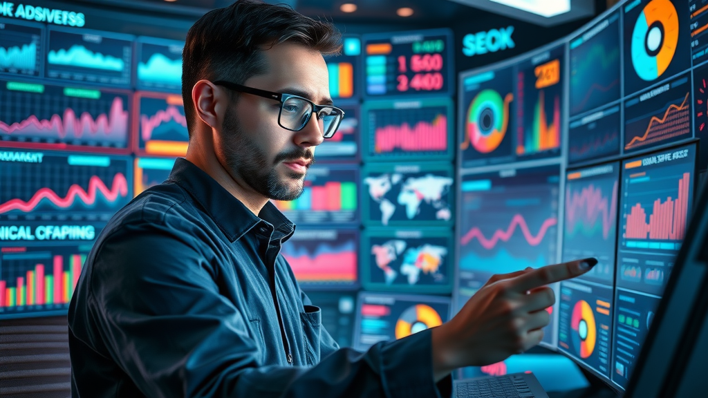 SEO analyst monitoring off-page SEO performance using advanced analytics tools in a high-tech dashboard