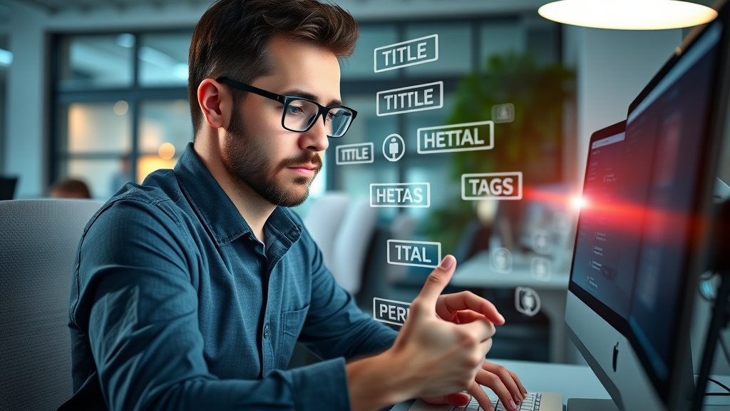 digital marketer optimizing on-page SEO settings with title tag and meta description overlays for higher rankings