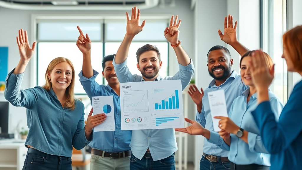 celebratory SaaS team reviewing sales and marketing alignment growth results