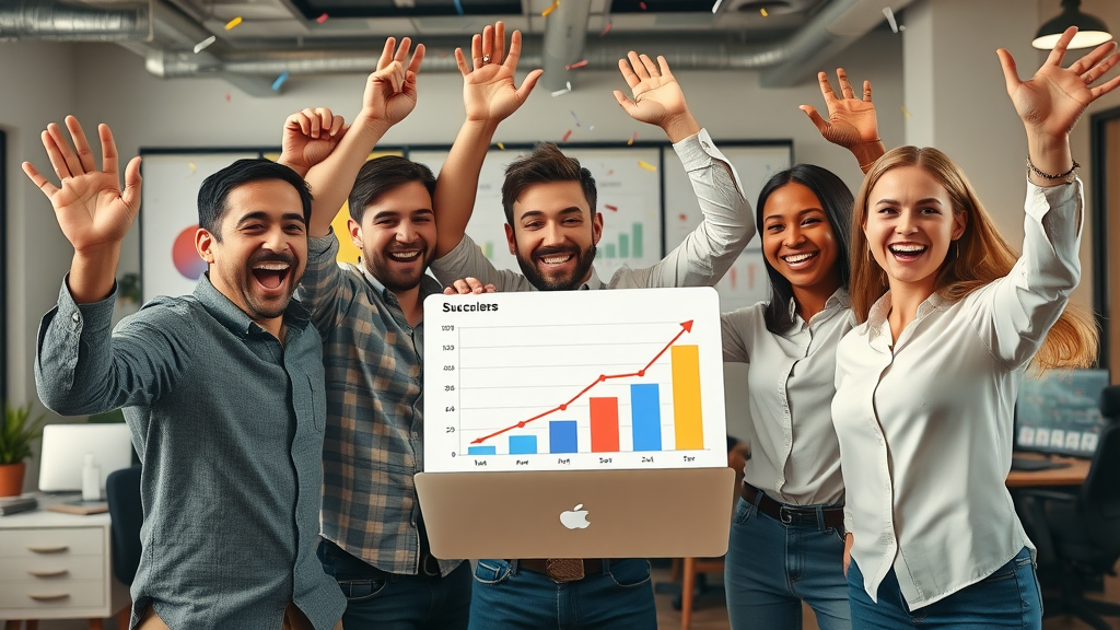 Business team celebrating growth in email marketing leads after a successful email lead generation campaign