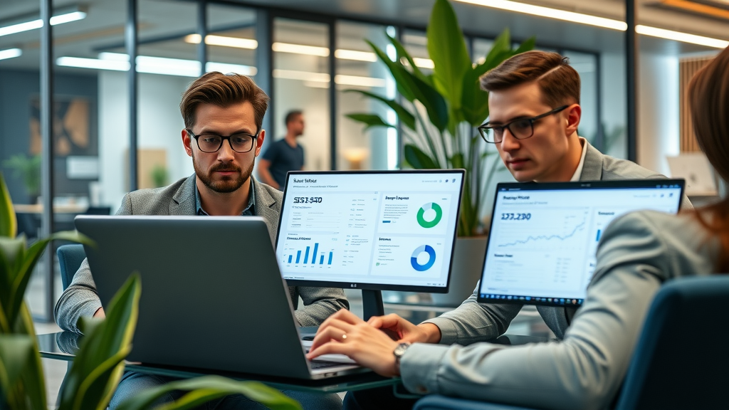 Users reviewing top email automation tool dashboards in a modern coworking space