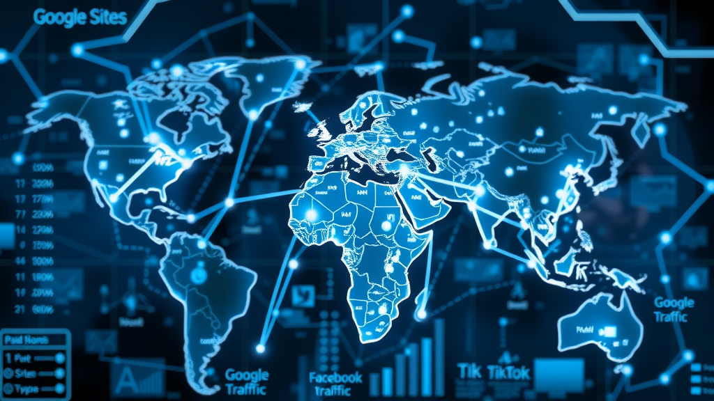 futuristic digital map visualizing leading paid traffic sites like Google, Facebook, and TikTok with neon connections