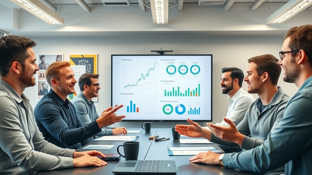 Confident marketing team discussing SEO tool selection for business goals