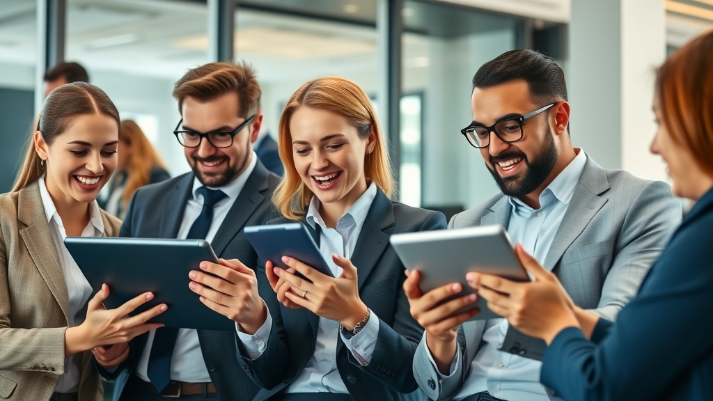 video marketing strategies - Business professionals watching viral marketing videos on tablets in a modern office