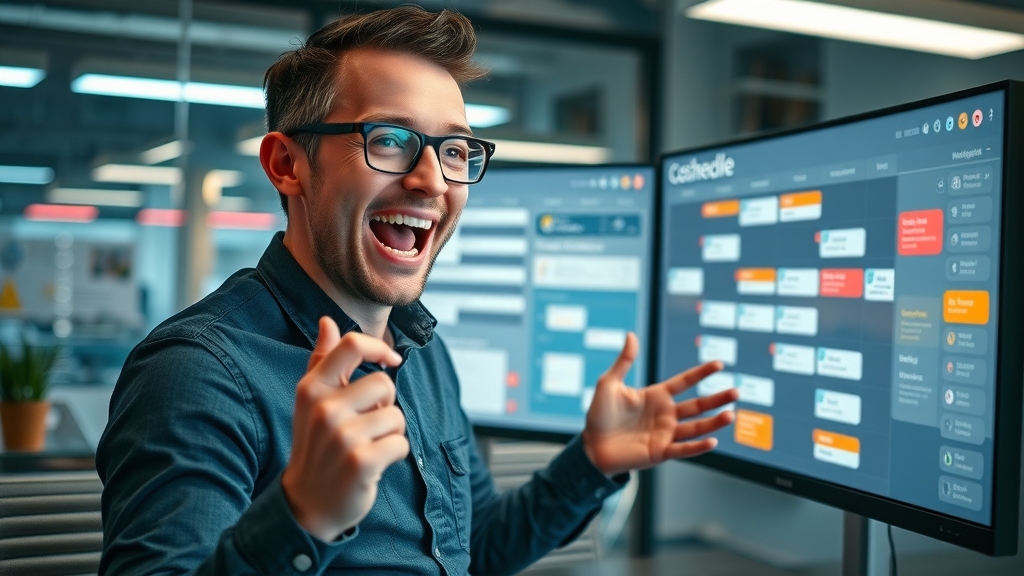 Content marketing tools: Marketer organizing content calendar with CoSchedule and modern marketing interfaces.