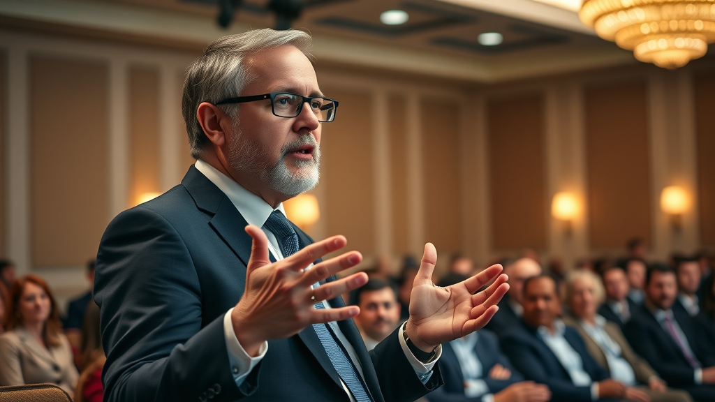 Reputable business leader giving advice about online reputation management at a conference