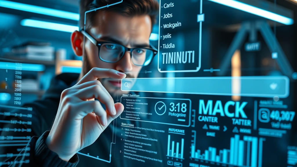 Futuristic search engine analyzing website SEO techniques and algorithms for ranking