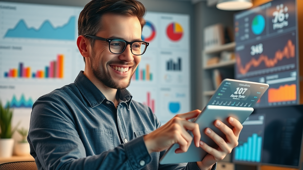 Innovative marketing strategist reviewing automated campaign analytics and interacting with AI assistant for optimized customer experience using AI marketing tools