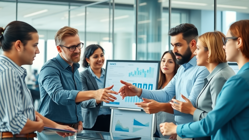 content optimization business meeting, group of marketers analyzing data charts, modern office, digital strategy discussion