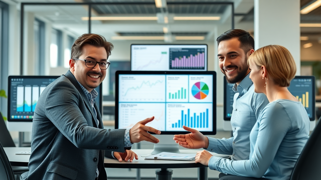 Email marketing analytics meeting with digital dashboard and professionals in modern office