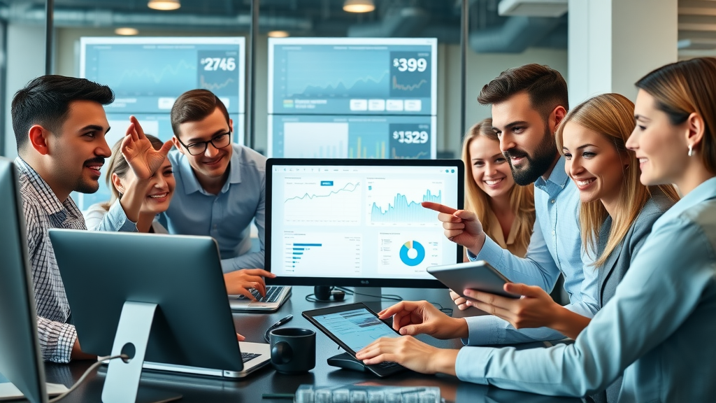 digital marketing agency team discussing paid traffic strategies around digital dashboards in modern office