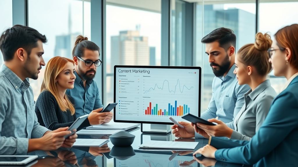 modern office meeting, group of diverse marketing professionals analyzing content marketing metrics on a digital dashboard