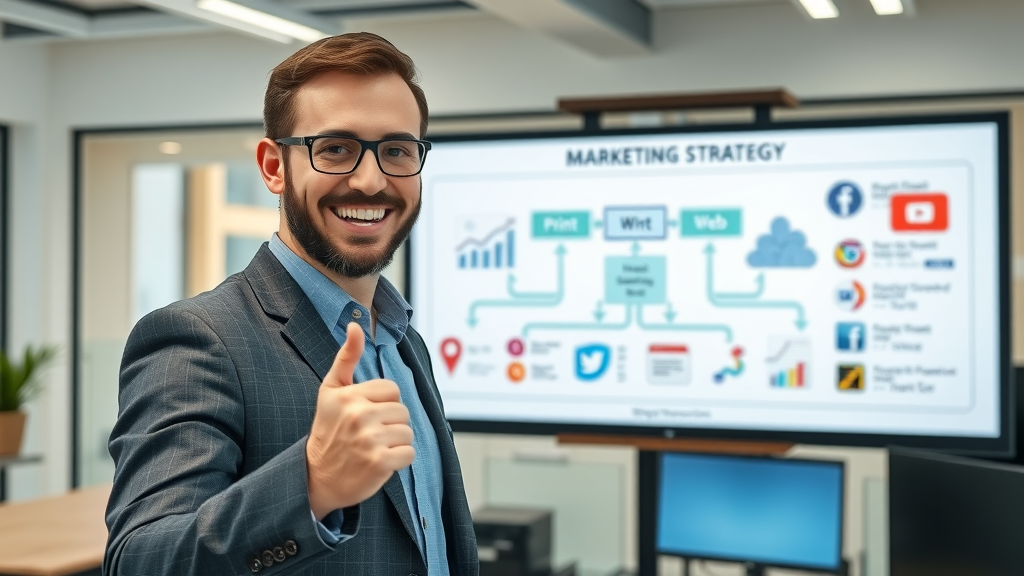 enthusiastic marketing manager pointing at a multi-channel marketing strategy flowchart in a professional office