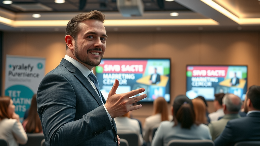 Trustworthy brand advocate presenting a marketing video to an engaged audience in a seminar room with digital screens