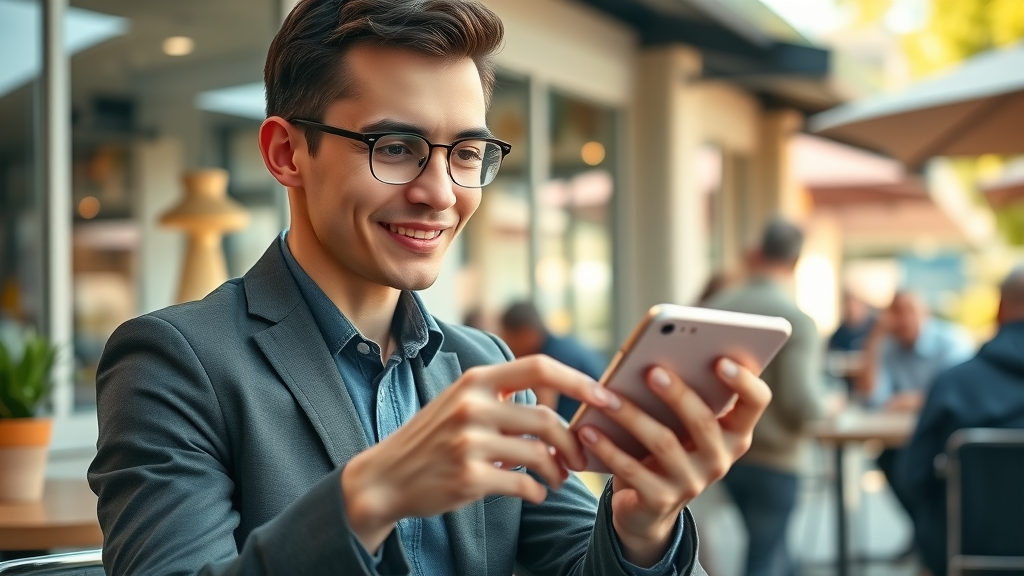 Young professional reviewing live digital marketing news updates on smartphone in modern café, staying ahead on trends