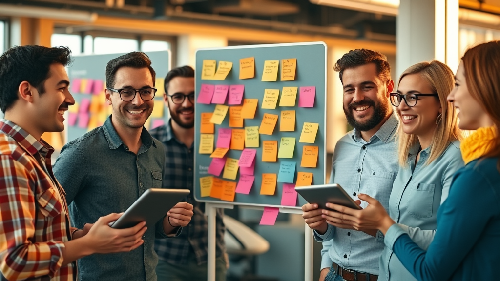 marketing team brainstorming brand awareness strategies colorful post-it notes collaborative planning