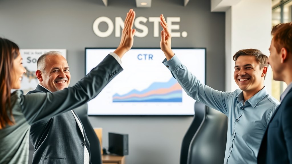 Business team celebrating display ad campaign success with rising CTR on digital screen