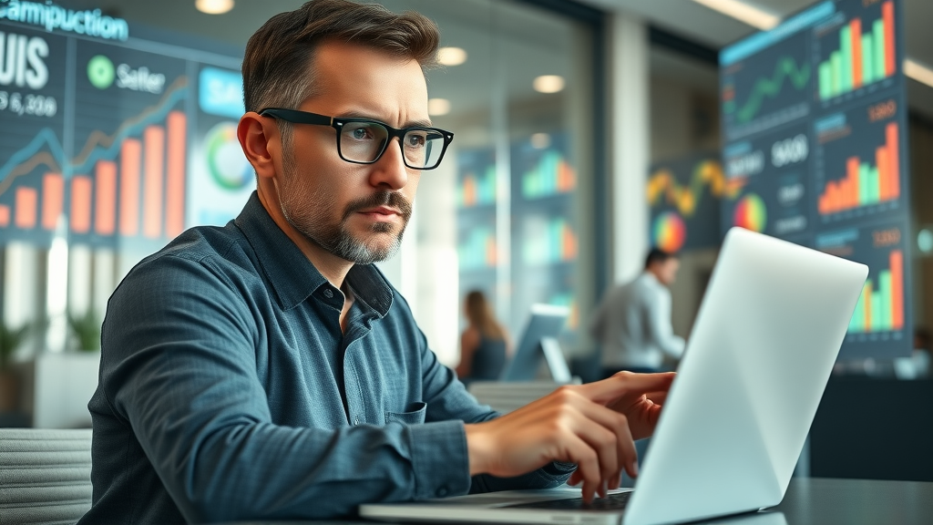 Cautious marketing manager analyzing google ads campaigns data with digital graphs in a busy office, google ads campaigns