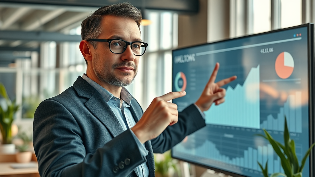 Confident marketing analyst pointing to upward-trending conversion rate graph, ROI of marketing automation, conversion rate