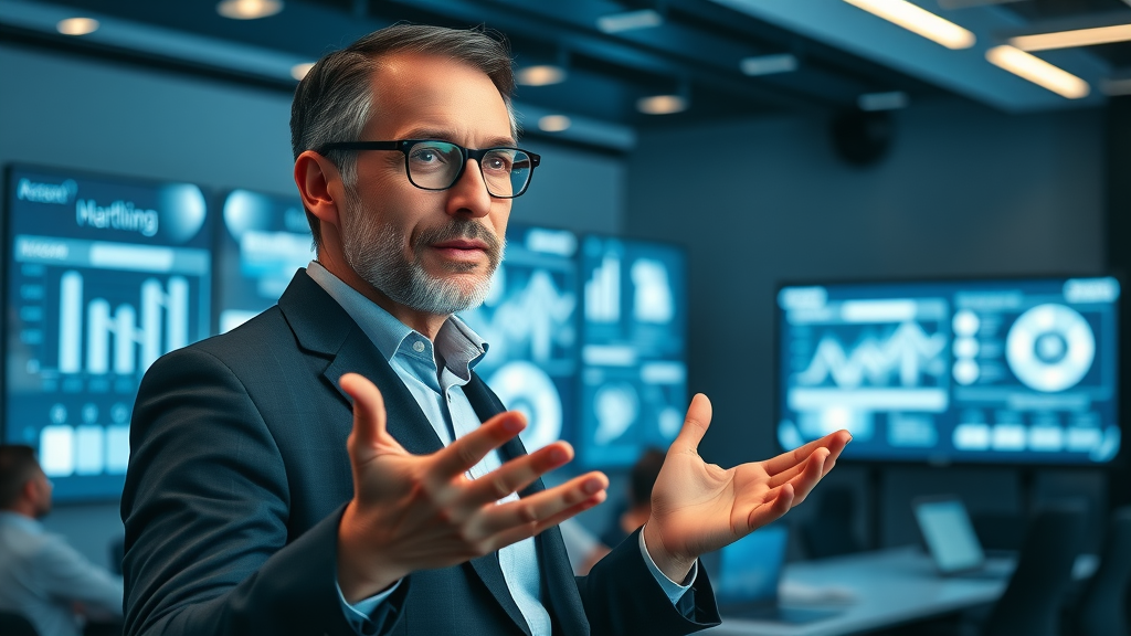 confident marketing strategist presenting innovative technology-based marketing solutions