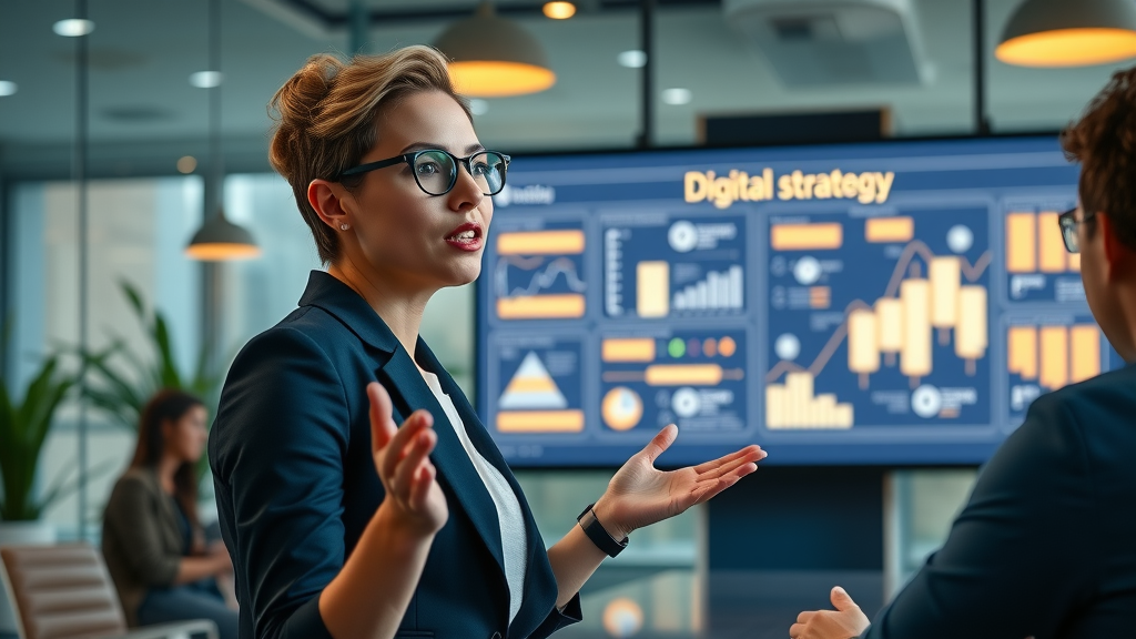 digital branding strategy presentation professional woman modern boardroom digital diagrams on large screen navy gold tones highly detailed