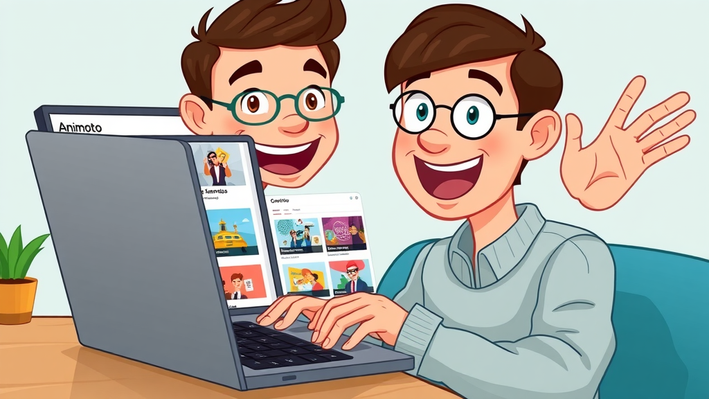 Cheerful marketer using Animoto video maker on laptop — Animoto, video creation, editing tool