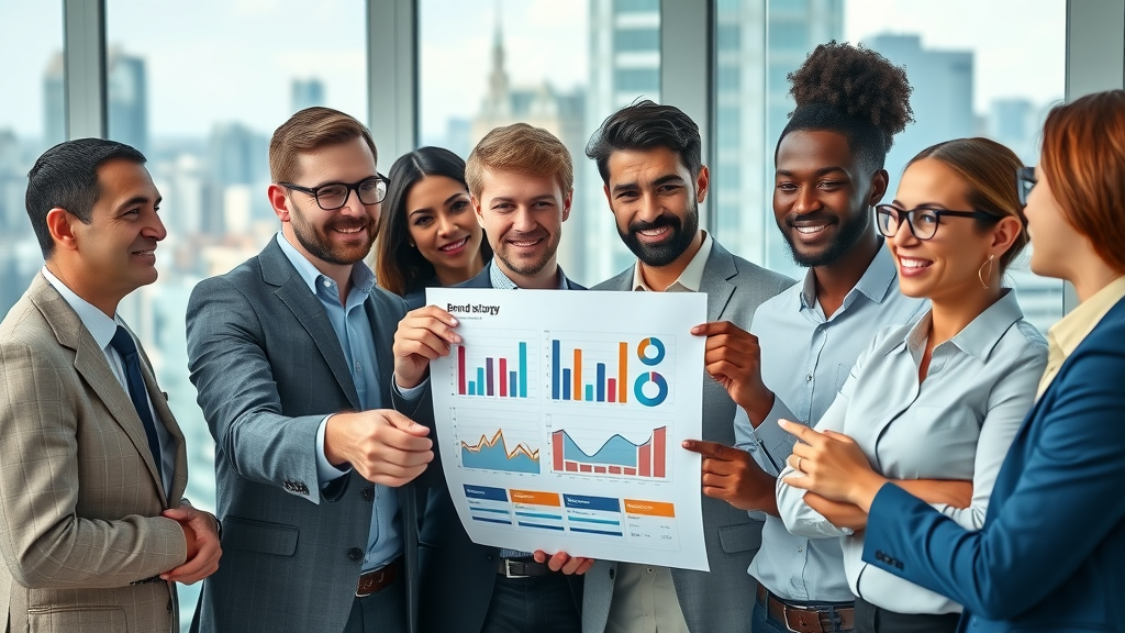 Confident business professionals analyzing brand identity strategy with visual brand elements in a modern office – brand identity