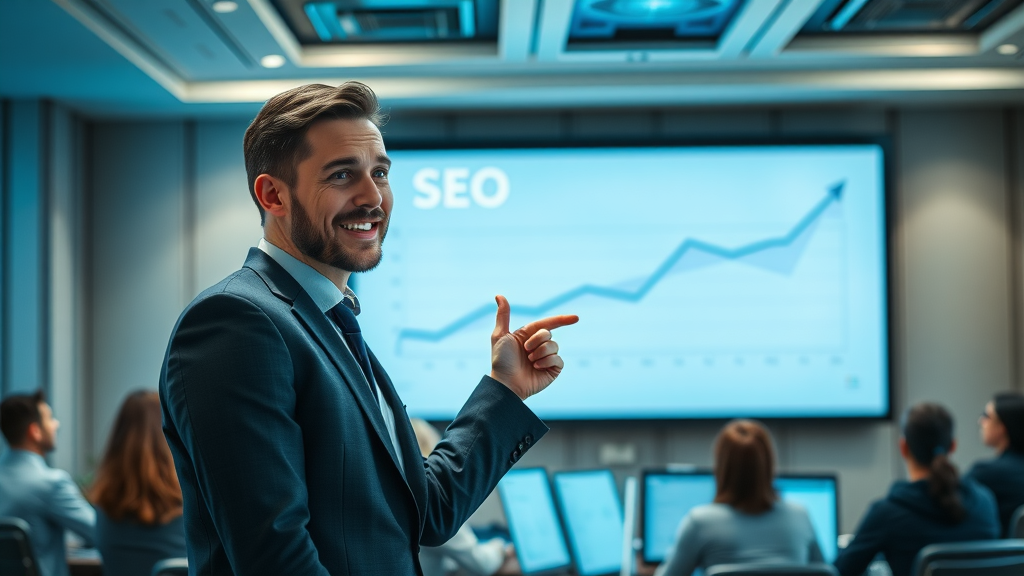 digital marketing professional presenting SEO optimization results and search engine ranking improvements in a conference room