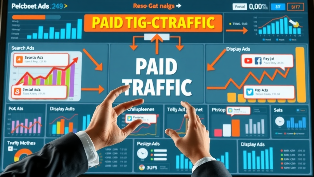 infographic showing types of paid traffic channels like search ads, display ads, social media ads on digital marketing dashboard